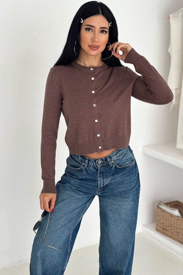 Kadın Düğmeli İnce Triko Hırka Standart Beden Basic Model Yumuşak Dokulu - Kahverengi