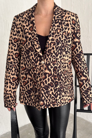 Kadın Leopar Desen Astarlı Blazer Ceket - Kahverengi