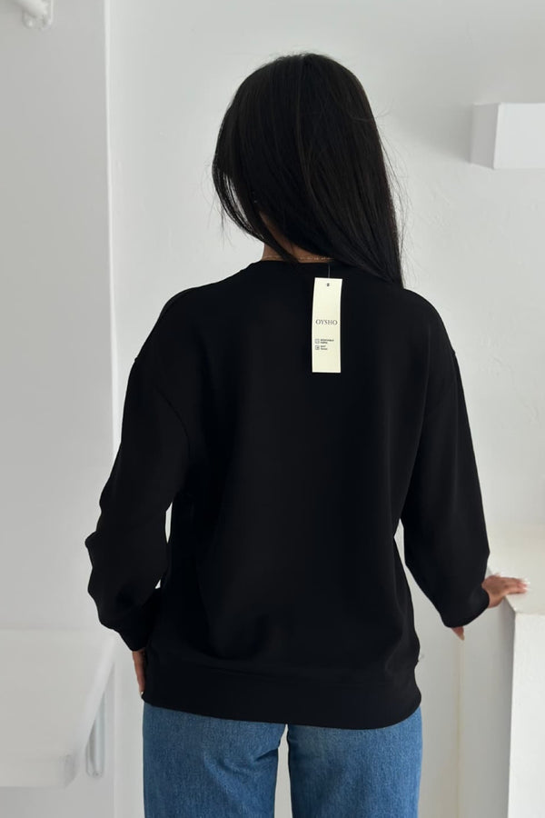 Modal Kumaş Basic Sweatshirt - Siyah