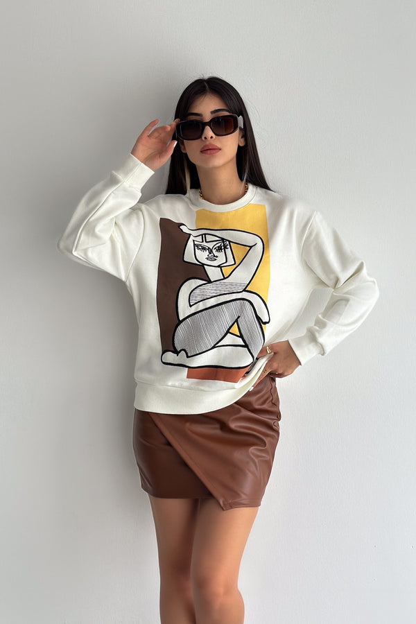 Nakış İşlemeli - İçi Pamuklu Sweatshirt - Ekru