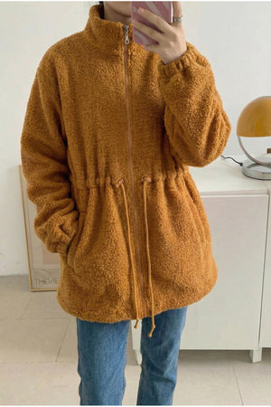 Kadın Peluş Cepli İçi Astarlı Fermuarlı Ceket - Hardal