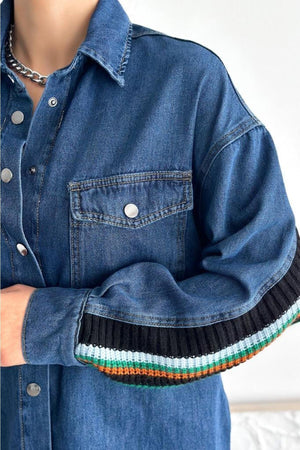 Kadın Sırtı Triko Şerit Detaylı Oversize Kot Ceket - Mavi