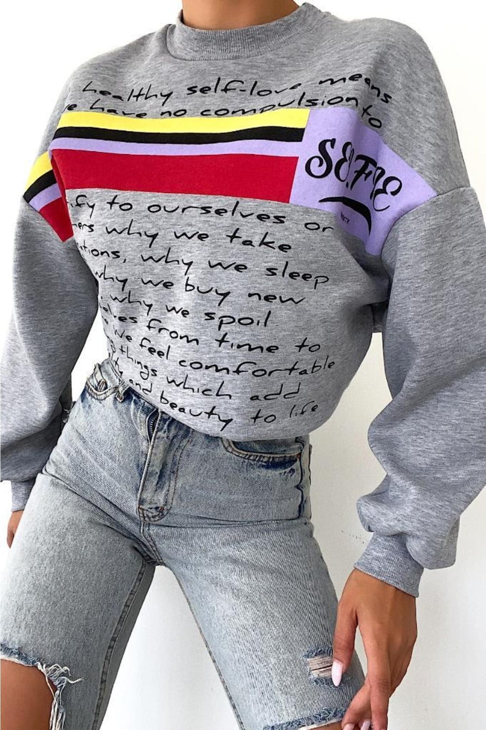 Yeni Sezon Selfie Baskılı Pamuklu Oversize Sweatshirt - Gri