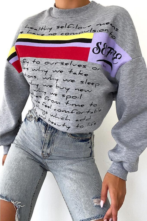 Yeni Sezon Selfie Baskılı Pamuklu Oversize Sweatshirt - Gri