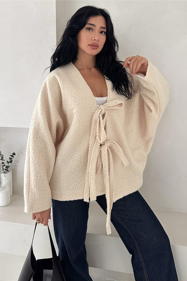 Bürümcük Bağlamalı Oversize Hırka Yarasa Kol Standart Beden - Krem