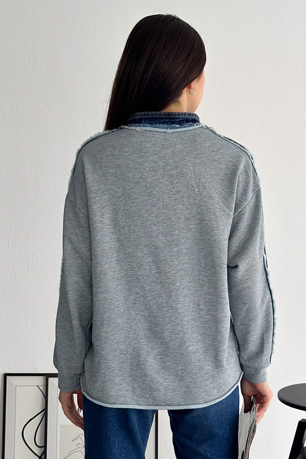 Kadın Fermuarlı Cepli Kot Denim Detaylı Sweatshirt - Gri