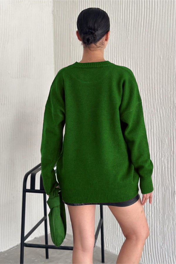 Kadın Benetton Standart Beden Oversize Triko Kazak - Yeşil