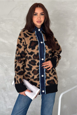 Kadın Desen Standart Beden Kot Detaylı Taş Düğmeli Tasarım Oversize Triko Hırka - Leopar