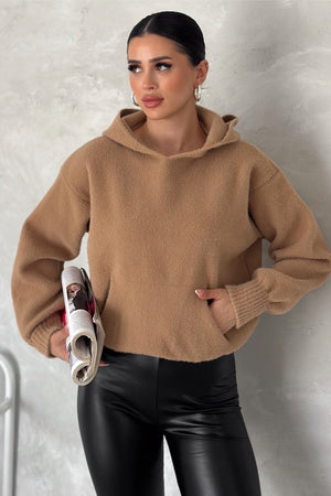 Kadın Standart Beden Kapüşonlu Peluş Triko Sweatshirt - Kahverengi