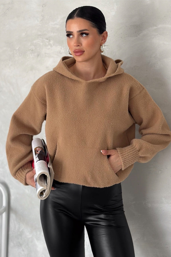 Kadın Standart Beden Kapüşonlu Peluş Triko Sweatshirt - Kahverengi