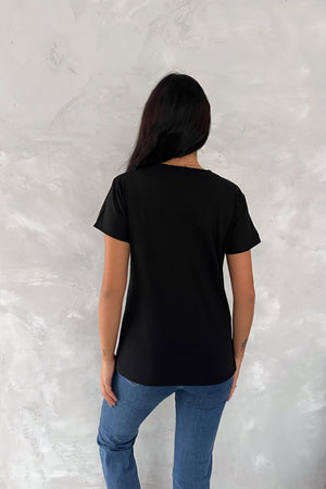 Kadın V Yaka 3 Tüy Pul Payet İşlemeli %100 Pamuk T-Shirt - Siyah