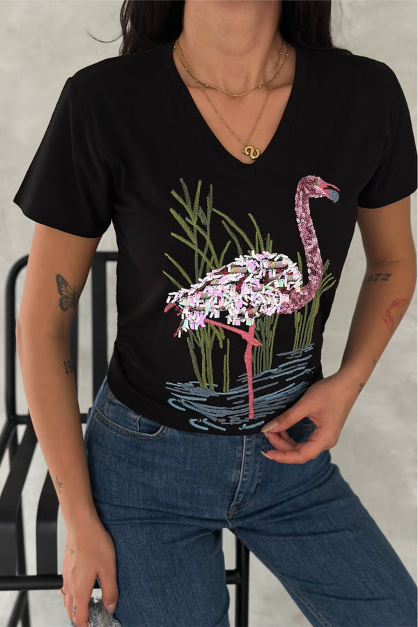 Kadın V Yaka Flamingo Pul Payet Ve Nakış İşlemeli %100 Pamuk Tişört - Siyah