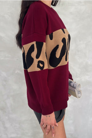 Kadın Standart Beden Leopar Desen Oversize Triko Kazak - Bordo