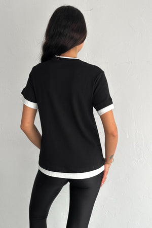 Kadın Yuvarlak Yaka Şerit Detaylı %100 Pamuk T-shirt - Siyah