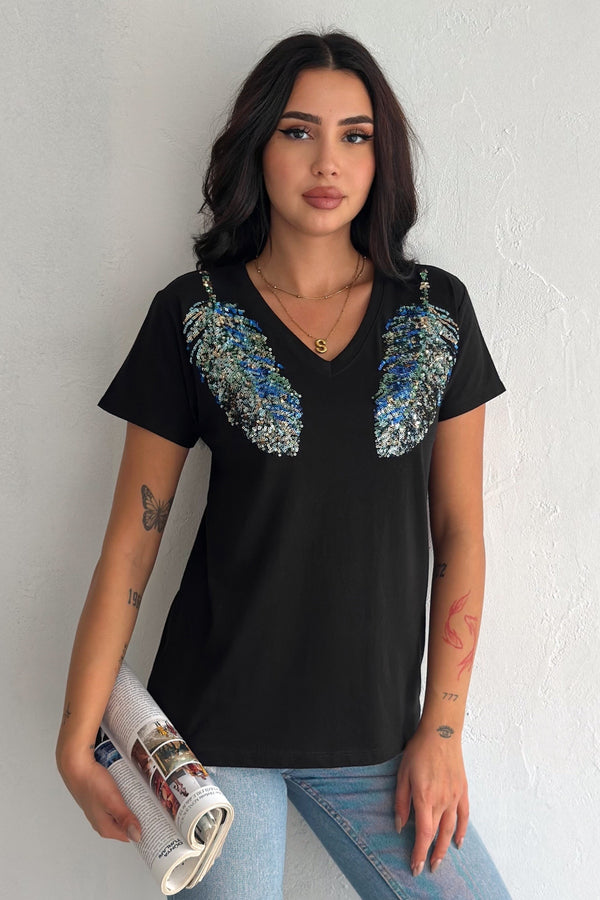 Kadın V Yaka Omzu Yaprak Pul Payet İşlemeli %100 Pamuk T-Shirt - Siyah