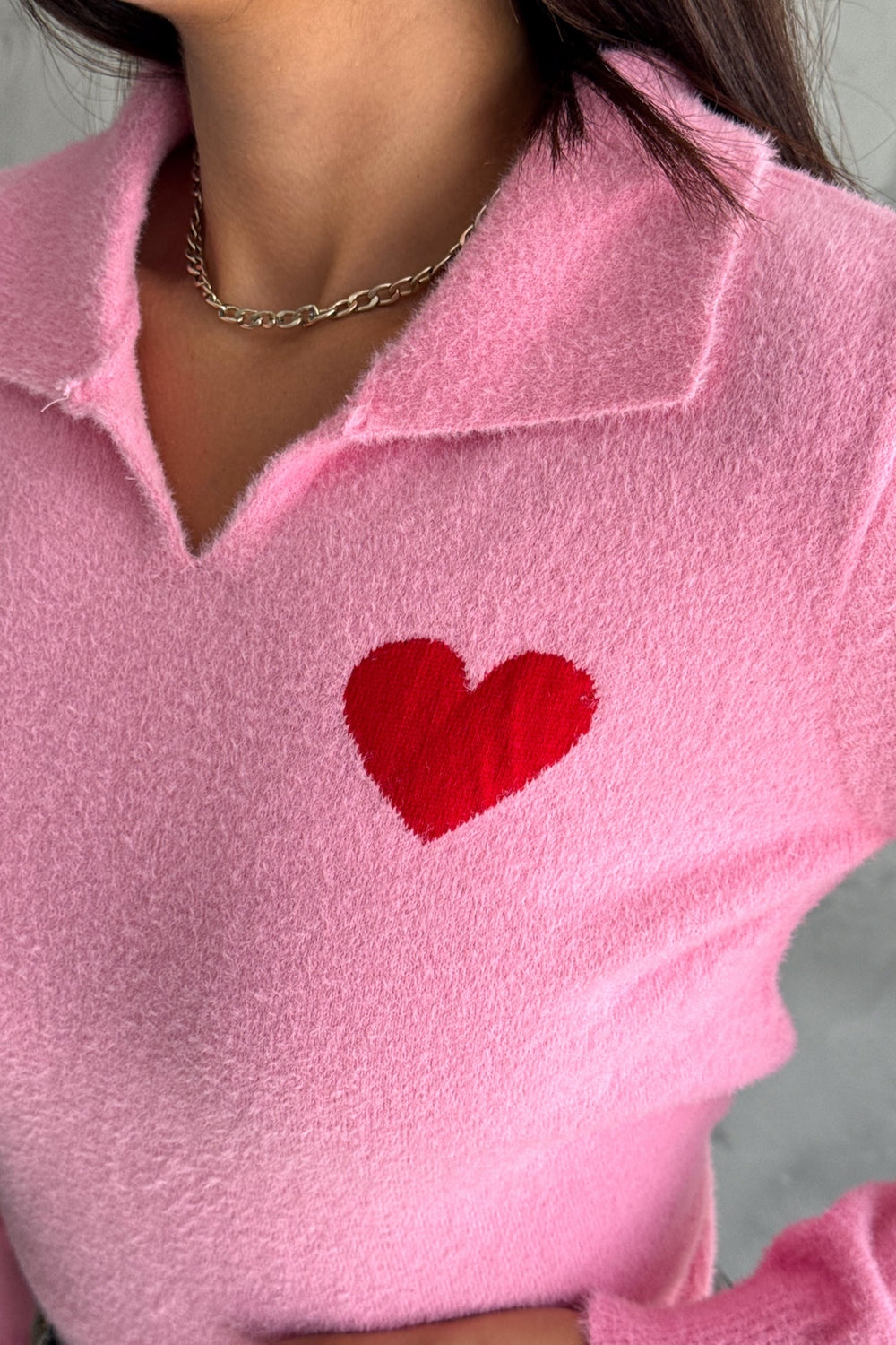 Kadın Standart Beden Polo Yaka Kalpli Pamuk Triko Kazak - Pembe