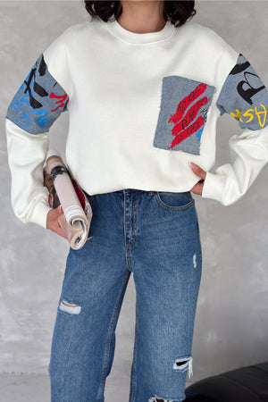 Kadın Kot Detaylı İçi Pamuklu Sweatshirt - Beyaz