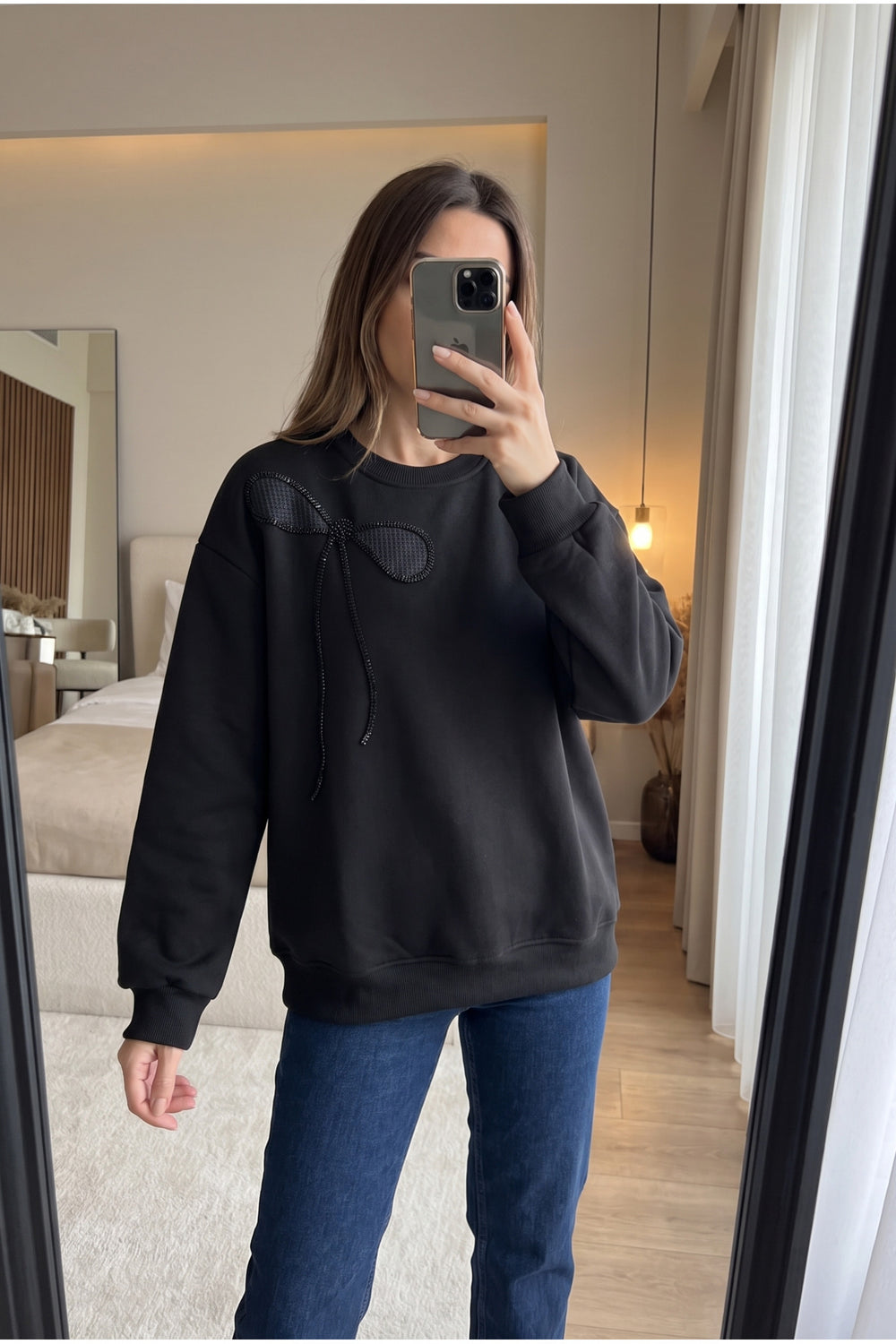 %100 Pamuk Boncuk İşlemeli Sweatshirt Kurdela Desenli - Siyah