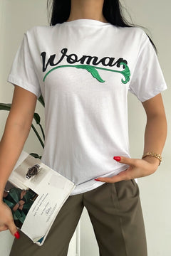 Kadın Nakış Işlemeli Pamuk T-Shirt - Beyaz