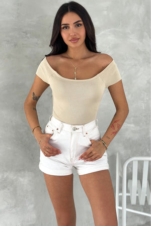 Kadın Standart Beden Triko Crop Bluz - Bej