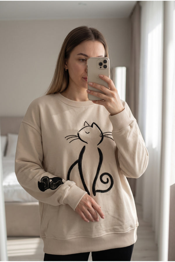 Kedi Nakışlı Boncuk İşlemeli %100 Pamuk Sweatshirt - Bej