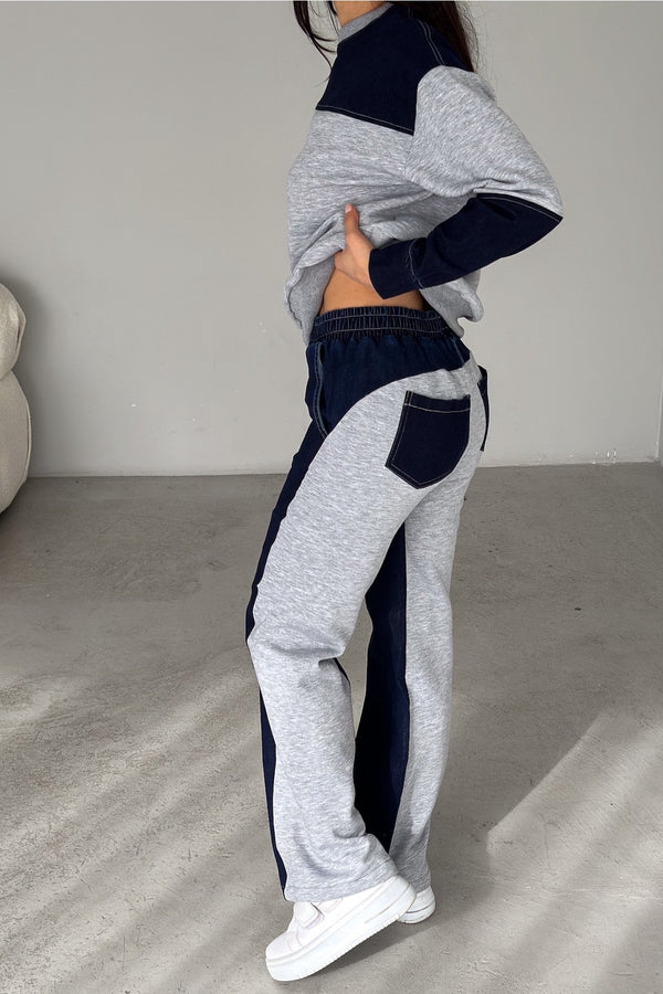 Beli Lastikli Denim Alt-Üst Takım - Gri