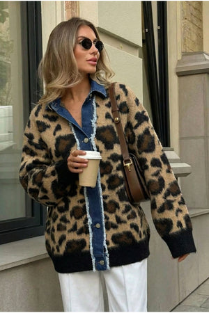 Kadın Leopar Desen Kot Detaylı Oversize Triko Hırka - Kahverengi