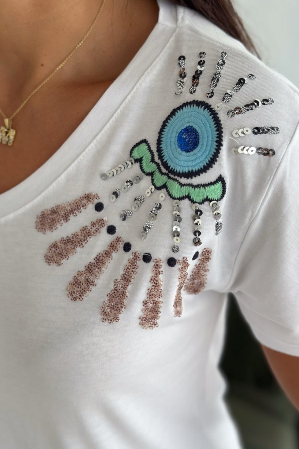 Kadın V Yaka Omzu Nakış Ve Pul Payet İşlemeli %100 Pamuk T-Shirt - Beyaz
