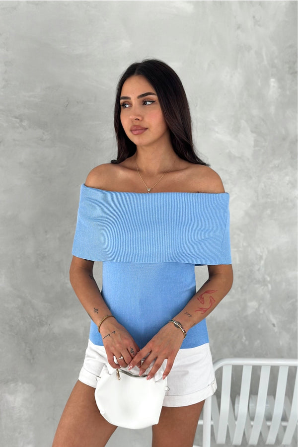 Kadın Standart Beden Madonna Pamuklu İnce Triko Bluz - Bebe Mavi