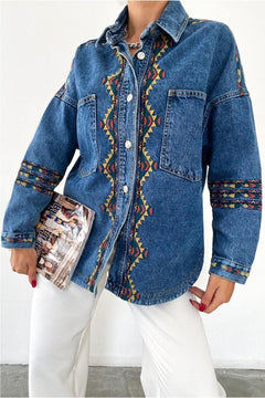 Kadın Denim Kot Çift Cep Otantik Nakış Işlemeli Ceket - Mavi
