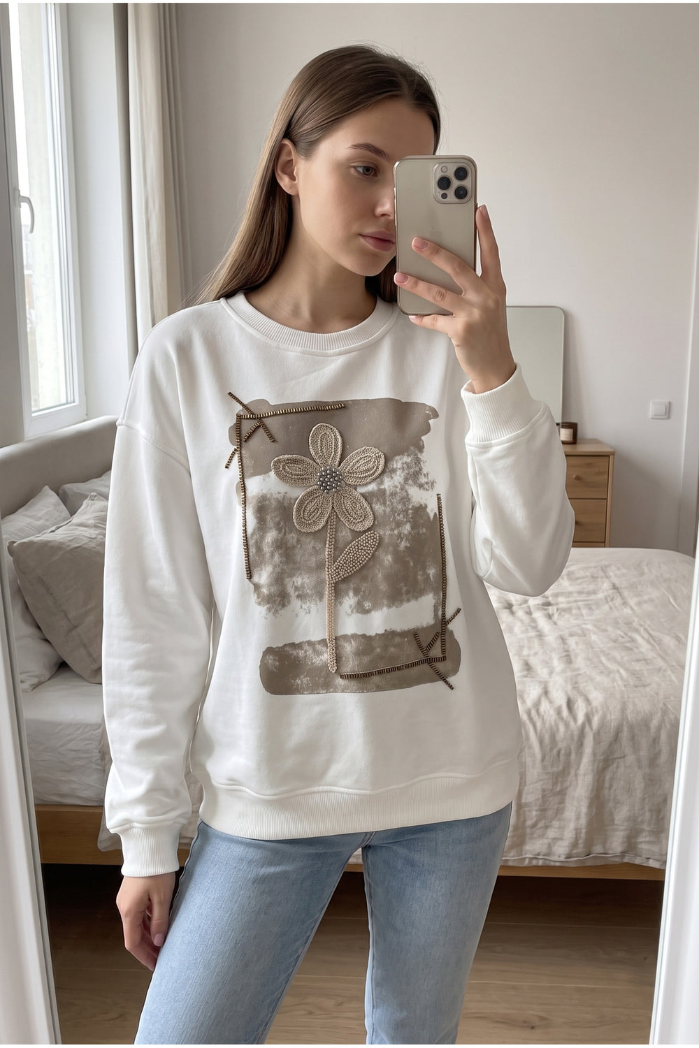 %100 Pamuk Boncuk Ve Pul İşlemeli Sweatshirt - Beyaz