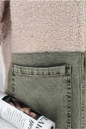 Kadın Çıtçıt Düğme Kot Garnili Kapüşonlu Peluş Ceket - Haki
