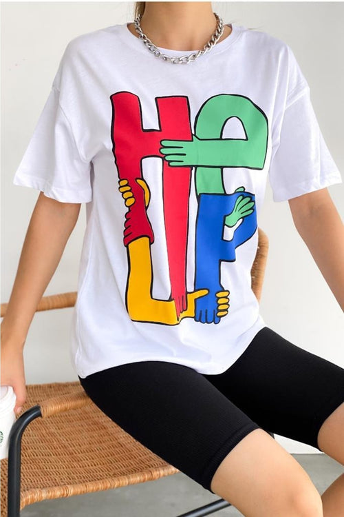 Kadın Bisiklet Yaka Help Baskılı Pamuk T-shirt - Beyaz