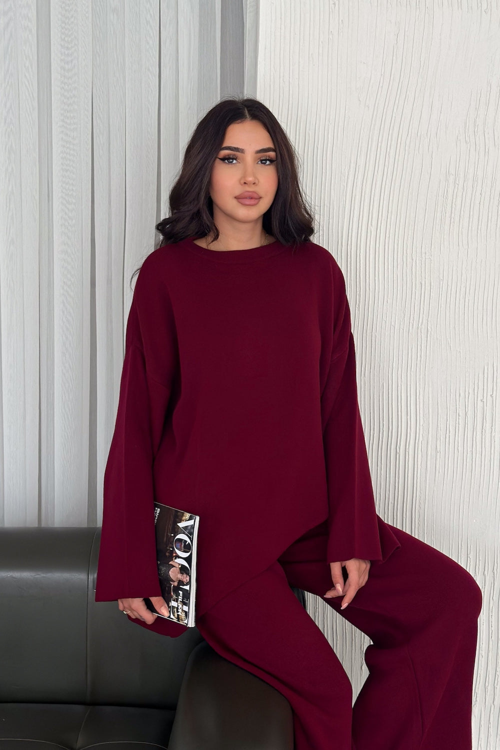 Kadın Standart Beden Alt-Üst İkili Triko Takım - Bordo