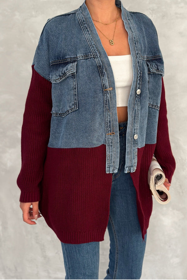 Kadın Triko Detaylı Tasarım Oversize Kot Ceket - Bordo