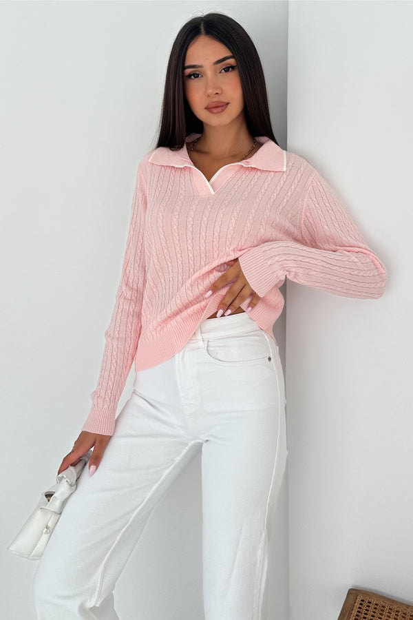 Kadın Polo Yaka Standart Beden Triko Bluz - Pembe