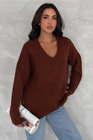 Kadın V Yaka Standart Beden Oversize Basic Triko Kazak - Koyu Kahverengi