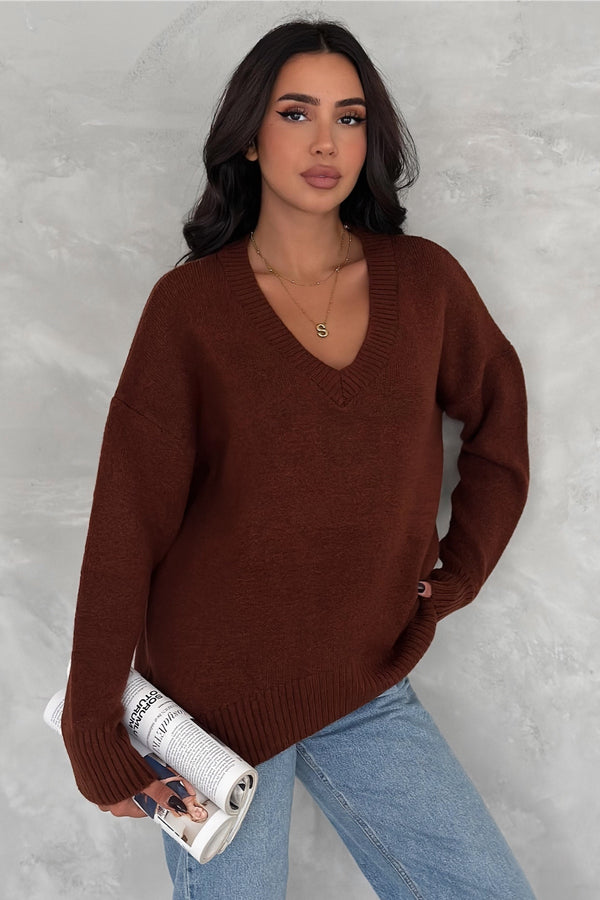 Kadın V Yaka Standart Beden Oversize Basic Triko Kazak - Koyu Kahverengi