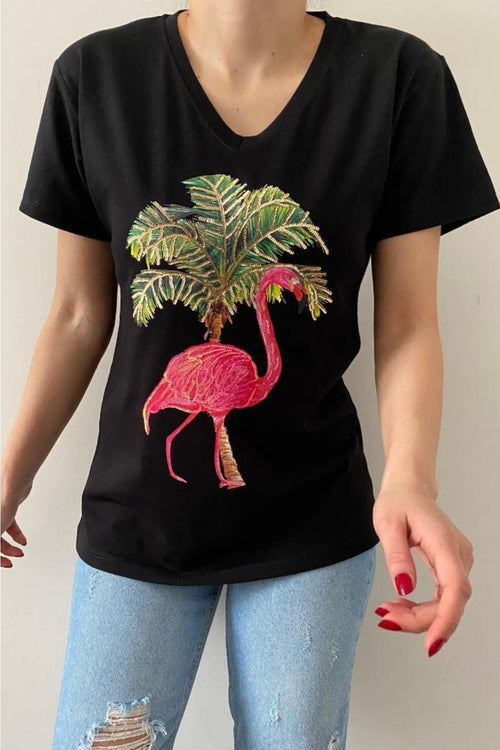 Kadın V Yaka Flamingo Pul Işlemeli Pamuk T-shirt - Siyah