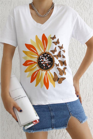 Kadın V Yaka Papatya Kelebek Pul Işlemeli Pamuk T-shirt - Beyaz