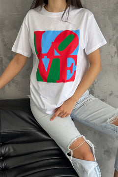 Kadın Love Baskılı Pamuk Tişört - Beyaz