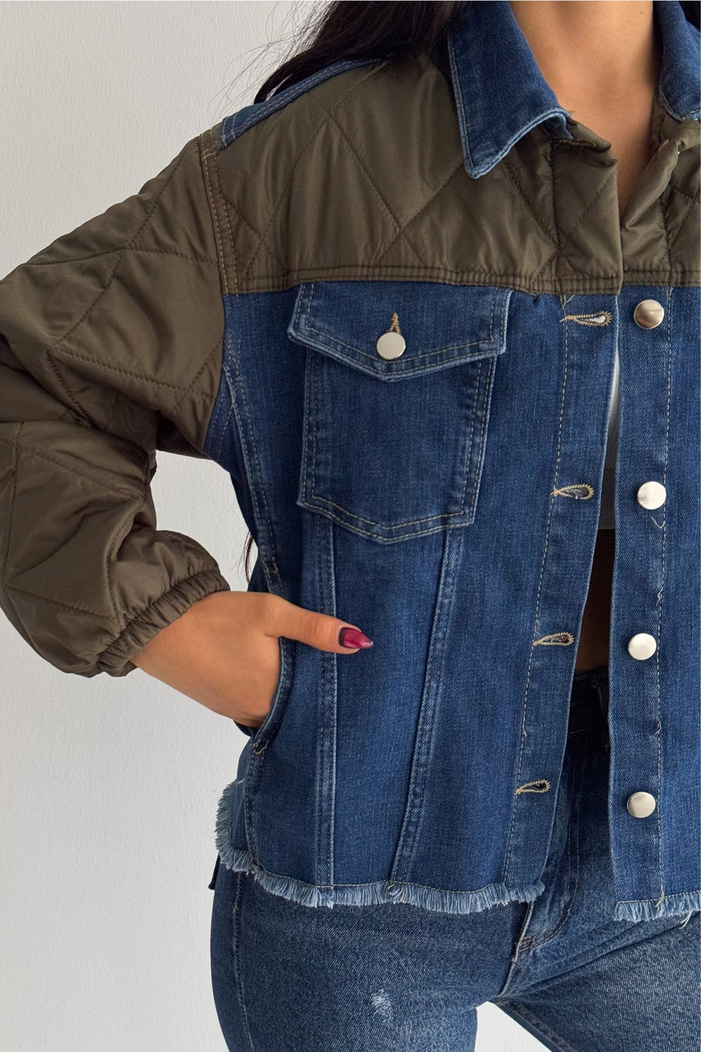 Kapitone Garnili - Denim Kot Mont - Haki
