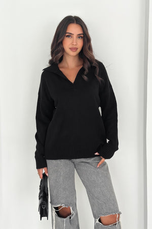 Kadın Polo Yaka Oversize Triko Kazak - Standart Beden Yumuşak Dokulu - Siyah
