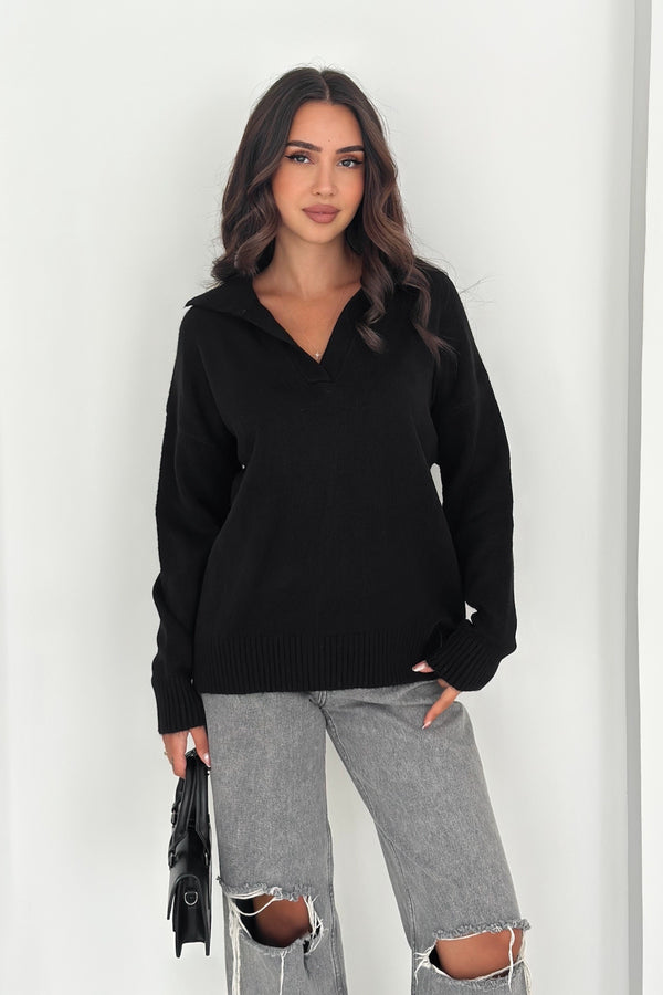 Kadın Polo Yaka Oversize Triko Kazak - Standart Beden Yumuşak Dokulu - Siyah