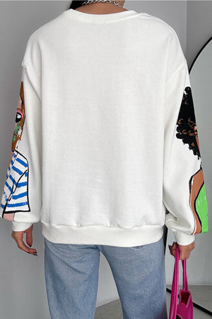 Kadın 3 İplik Şardonlu Baskılı Oversize Pamuk Sweatshirt - Beyaz