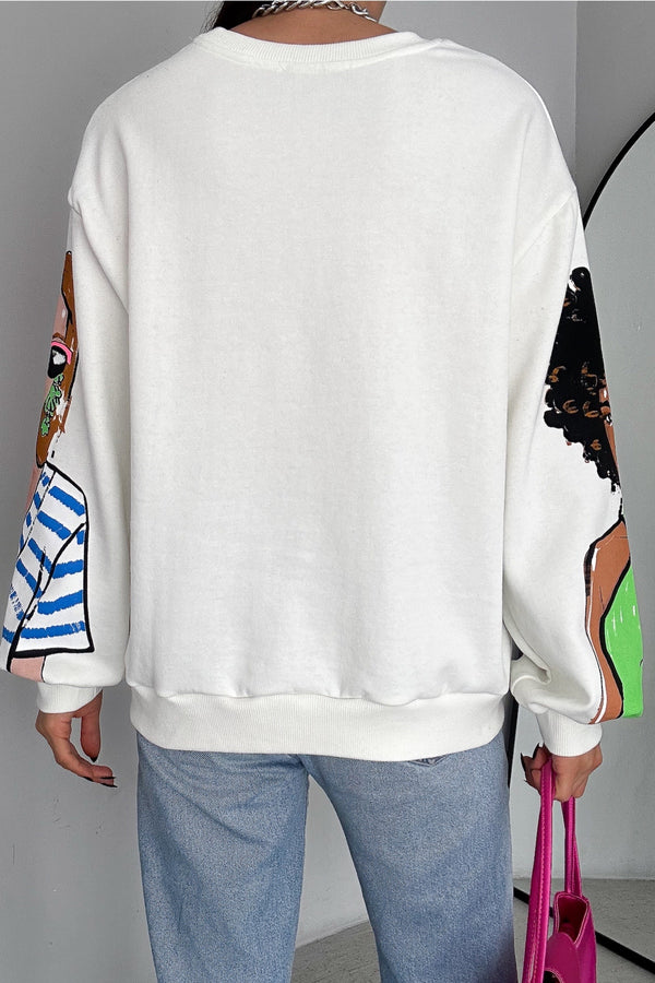 Kadın 3 İplik Şardonlu Baskılı Oversize Pamuk Sweatshirt - Beyaz