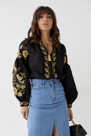 Kadın Püsküllü Nakış İşlemeli Vintage Bluz - Siyah