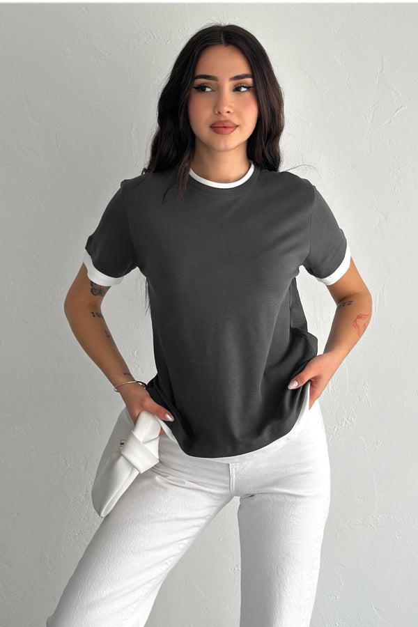 Kadın Antrasit Yuvarlak Yaka Şerit Detaylı %100 Pamuk T-shirt - Gri