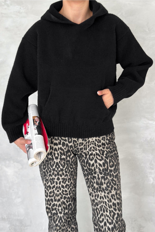 Kadın Standart Beden Kapüşonlu Peluş Triko Sweatshirt - Siyah