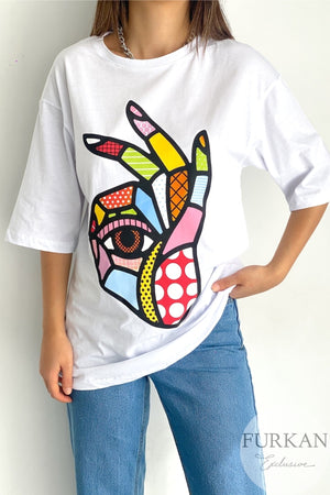Kadın Bisiklet Yaka Düşük Omuz Oversize T-shirt - Beyaz